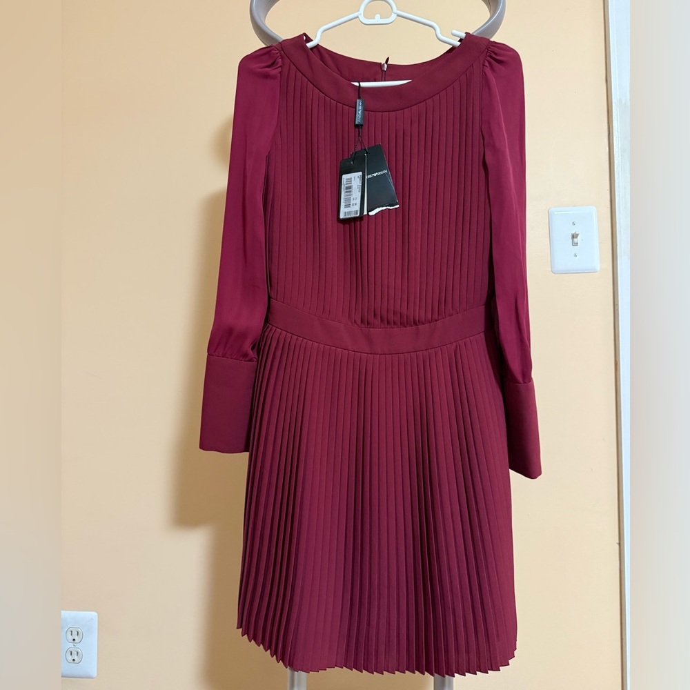 Emporio Armani pleated long sleeve dress, NWT, size 36/XS, burgundy